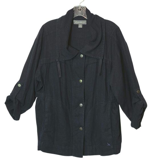 Eddie Bauer Blue Linen Blend Utility Jacket Lightweight Casual Classic Sporty L - Picture 11 of 11